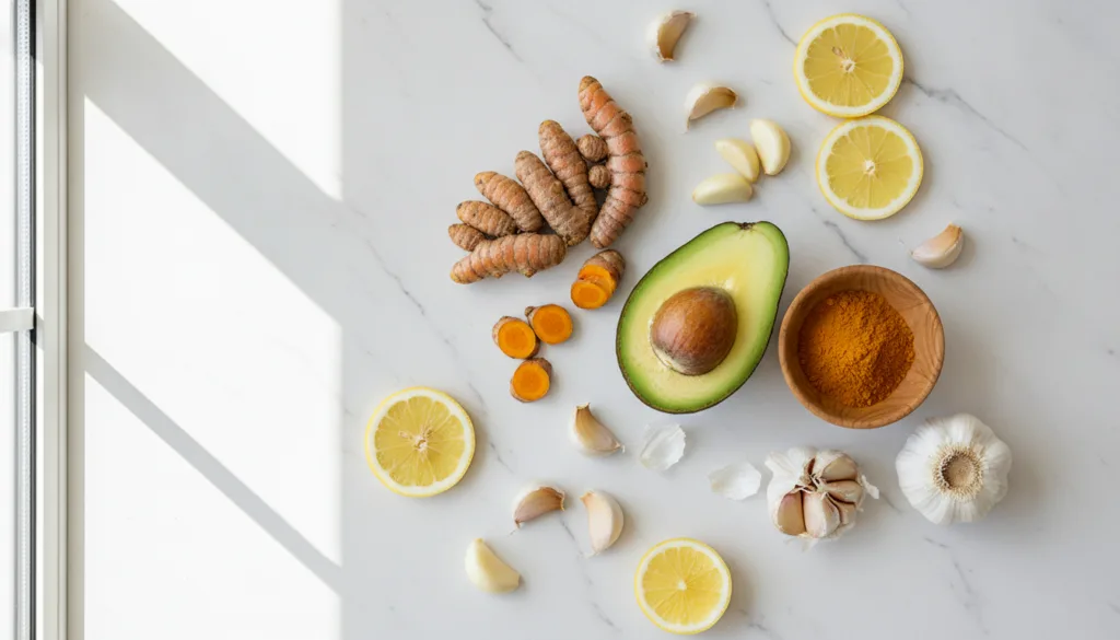 A visual representation of foods beneficial for liver health including garlic lemon turmeric and avocado arranged appeal