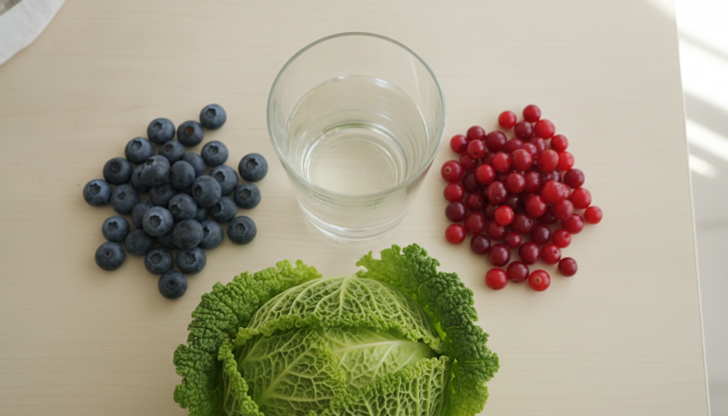 A collection of foods beneficial for kidney health such as blueberries cranberries water and cabbage presented fresh and