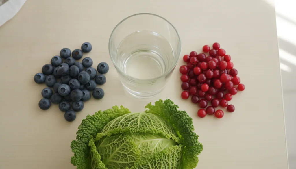 A collection of foods beneficial for kidney health such as blueberries cranberries water and cabbage presented fresh and