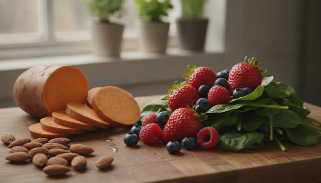Foods that promote healthy skin including almonds sweet potato spinach and a mix of colorful berries beautifully arrange