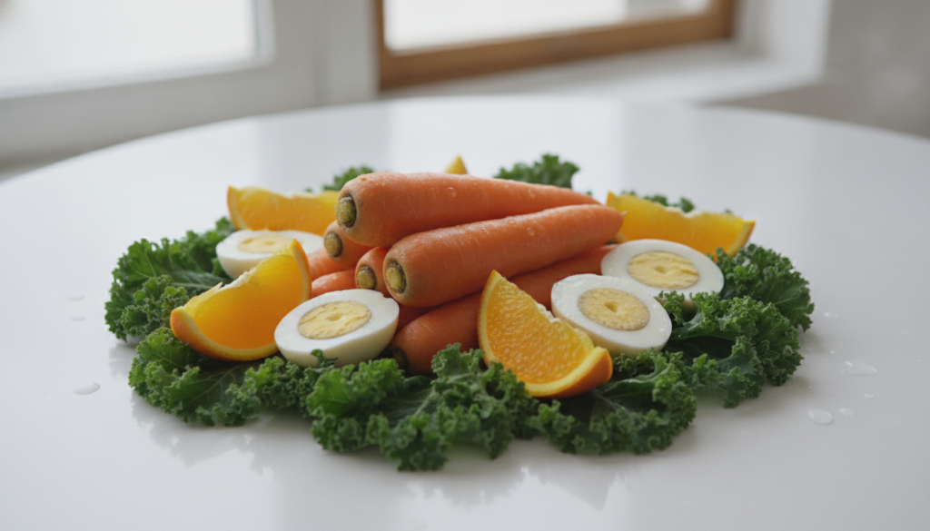 A selection of foods known for supporting eye health such as carrots eggs kale and oranges presented in a fresh and invi