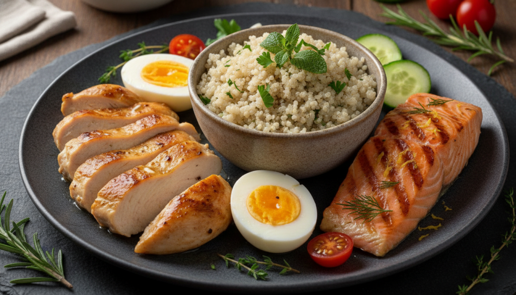 A selection of protein-rich foods essential for muscle health featuring chicken breast eggs quinoa and salmon presented 