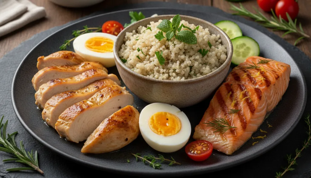 A selection of protein-rich foods essential for muscle health featuring chicken breast eggs quinoa and salmon presented 