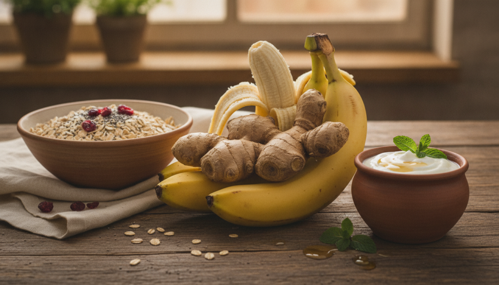 A comforting display of foods beneficial for stomach and digestive health including ginger bananas oats and yogurt