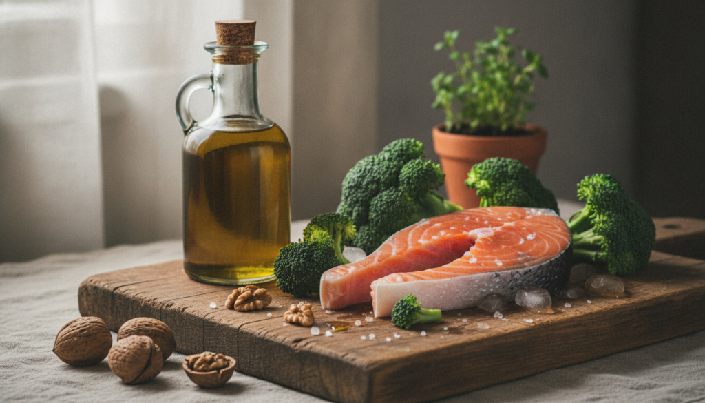 A visually appealing selection of foods known to support joint health including olive oil salmon broccoli and walnuts ar
