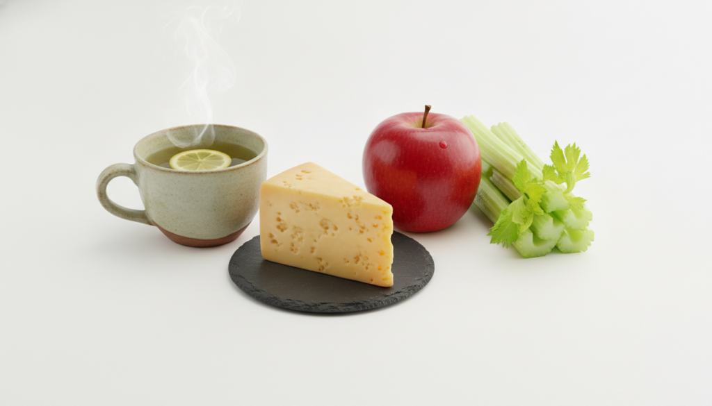 Foods that contribute to strong teeth and gum health such as cheese apples celery and green tea presented cleanly