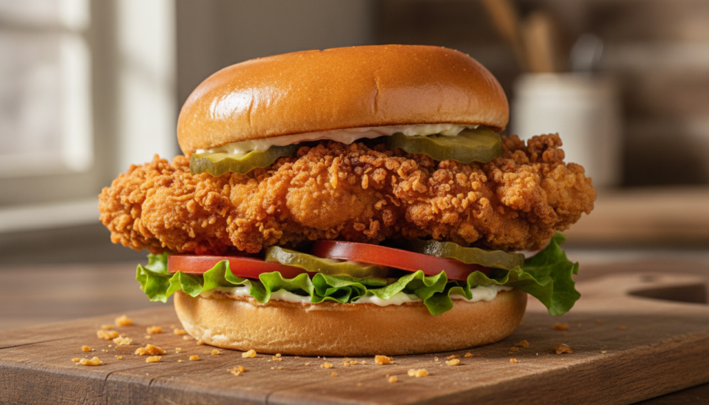 A crispy fried chicken sandwich with a golden-brown chicken breast fresh lettuce a slice of red tomato and pickle slices