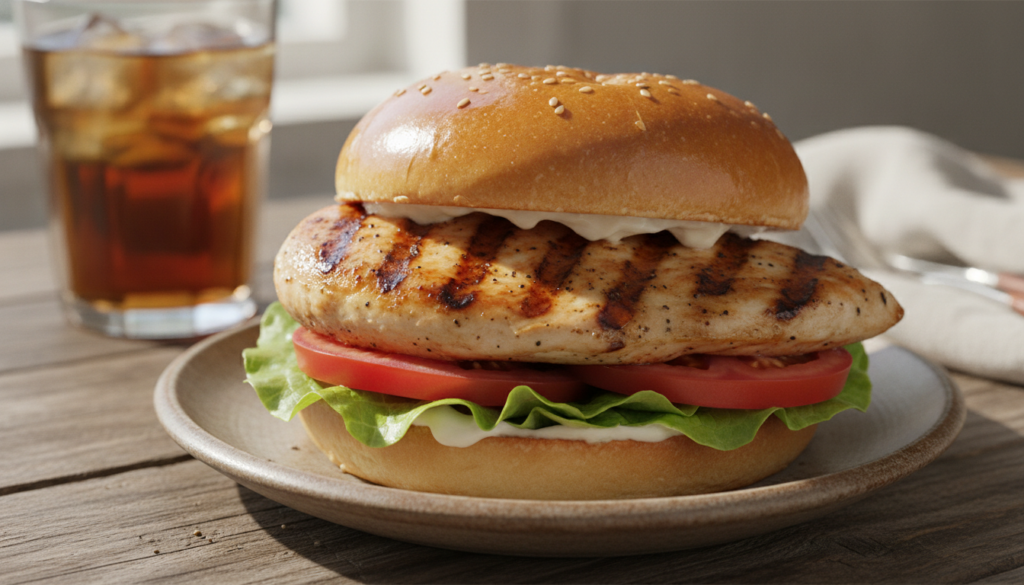 A classic grilled chicken sandwich featuring a perfectly charred grilled chicken breast fresh lettuce ripe tomato and th