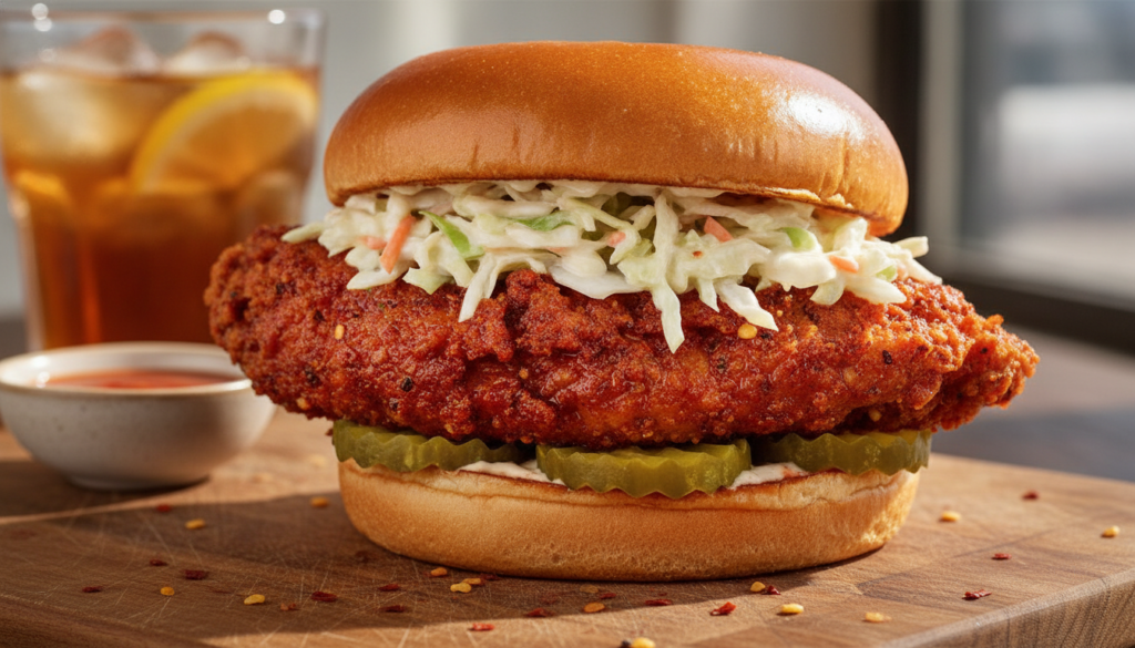 A Nashville hot chicken sandwich featuring a crispy fried chicken breast generously coated in a bright red spicy hot oil
