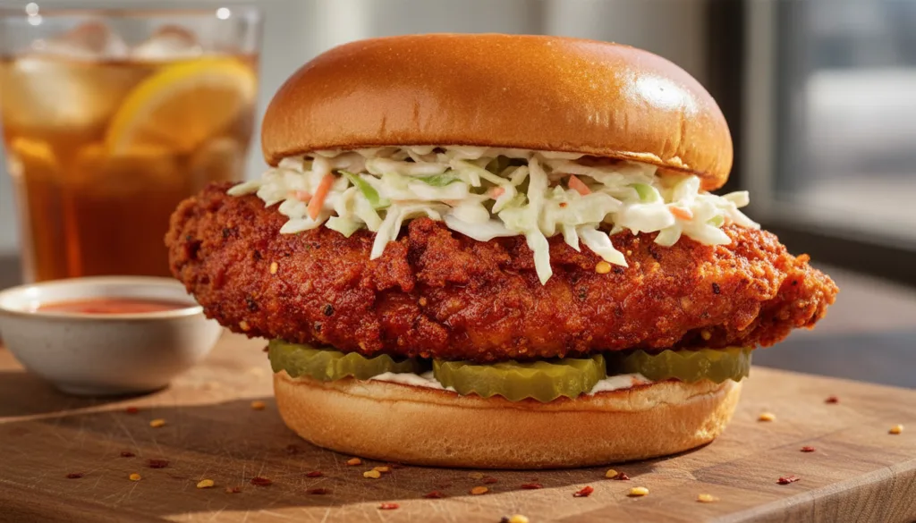 A Nashville hot chicken sandwich featuring a crispy fried chicken breast generously coated in a bright red spicy hot oil