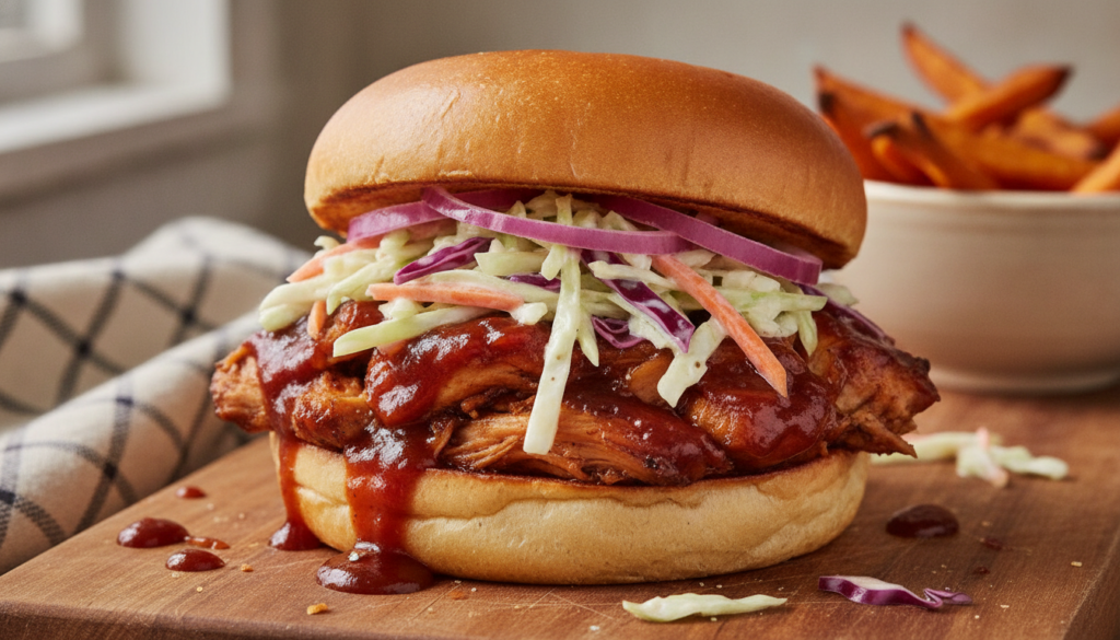 A BBQ chicken sandwich overflowing with tender shredded chicken coated in a rich BBQ sauce topped with creamy coleslaw a