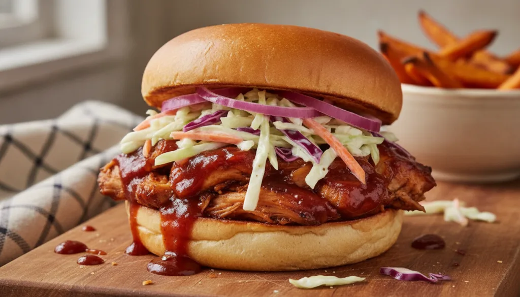 A BBQ chicken sandwich overflowing with tender shredded chicken coated in a rich BBQ sauce topped with creamy coleslaw a