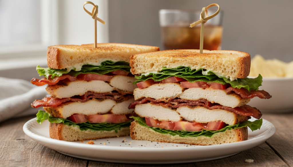 A tall chicken club sandwich showing three layers of toasted bread grilled chicken crispy bacon fresh lettuce a slice of