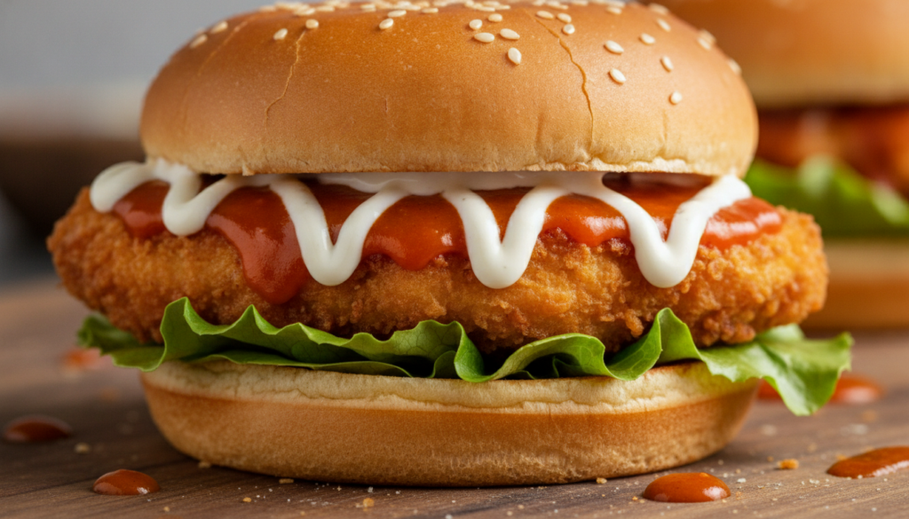 A Buffalo chicken sandwich with a crispy fried chicken fillet generously coated in bright orange buffalo sauce topped wi