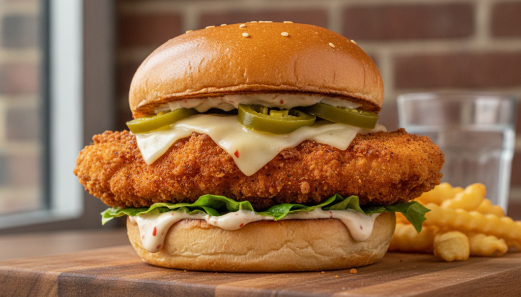A spicy chicken sandwich with a crispy fried chicken breast melted Pepper Jack cheese several slices of pickled jalapeño