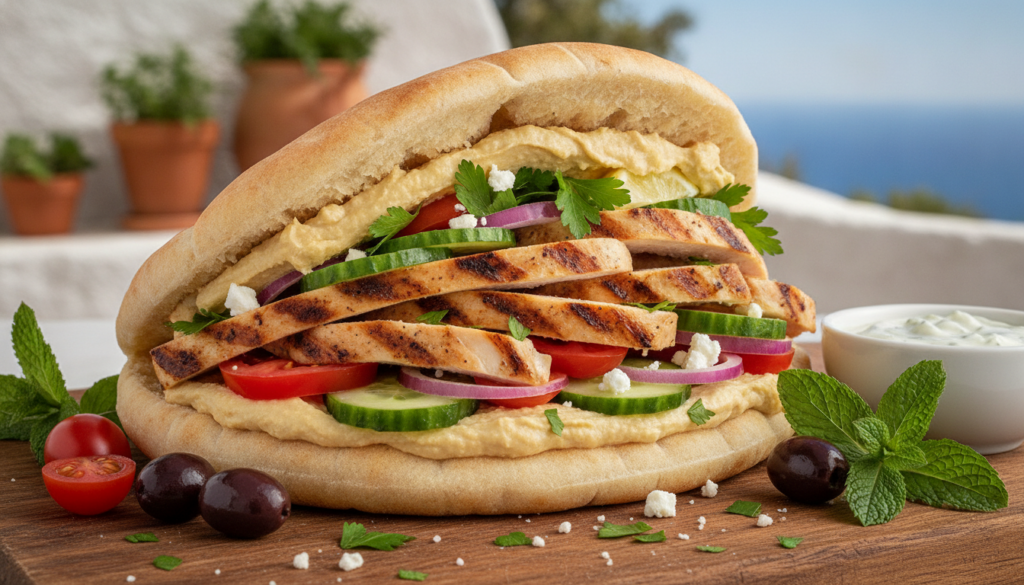 A Mediterranean chicken sandwich served in a warm pita bread filled with slices of grilled chicken creamy hummus crisp c