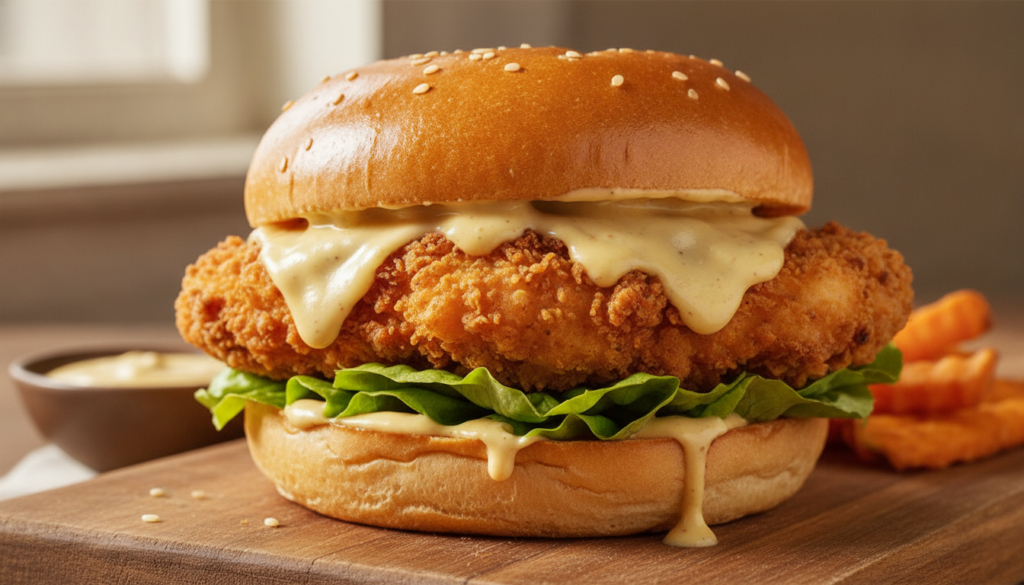 A honey mustard chicken sandwich featuring a crispy fried chicken breast melted Swiss cheese fresh lettuce and a generou