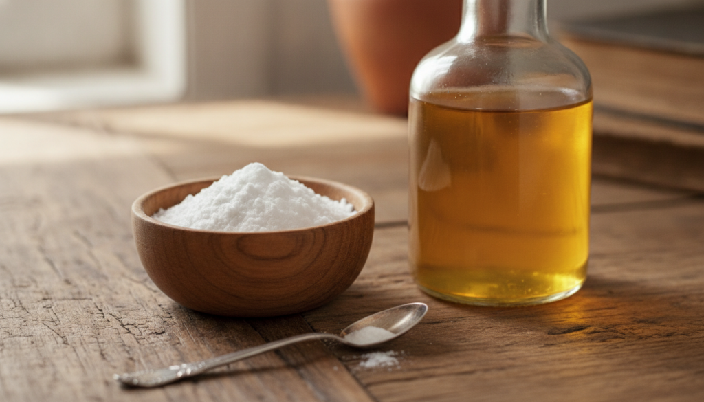 Close-up of a small bowl containing baking soda and a bottle of apple cider vinegar with a small spoon beside it on a ru