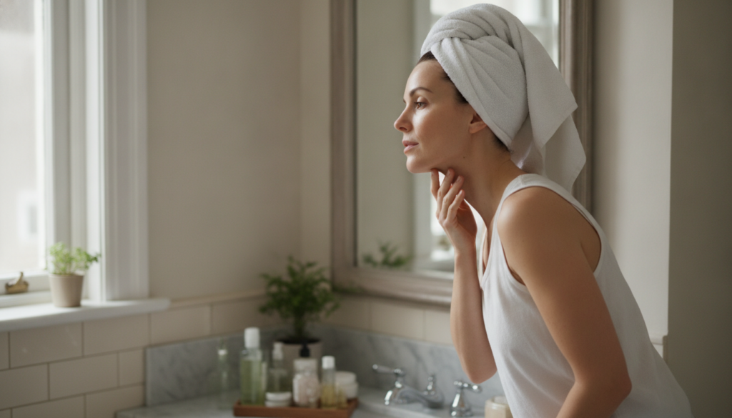 A woman checking her neck in a mirror looking for any signs of irritation after applying a homemade remedy She has a con
