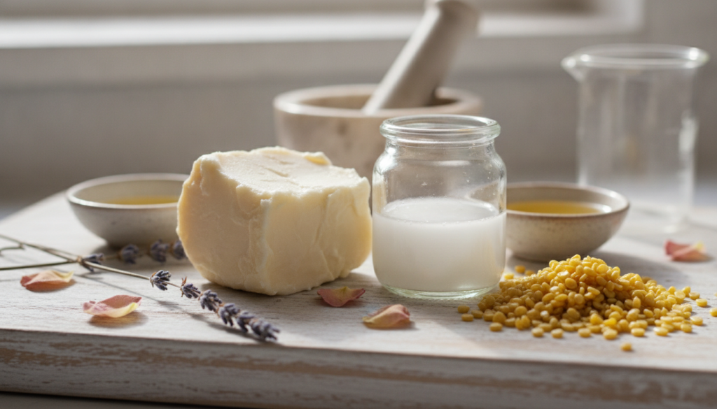 Ingredients for a homemade heel balm laid out on a clean surface with a small pot in the background for melting