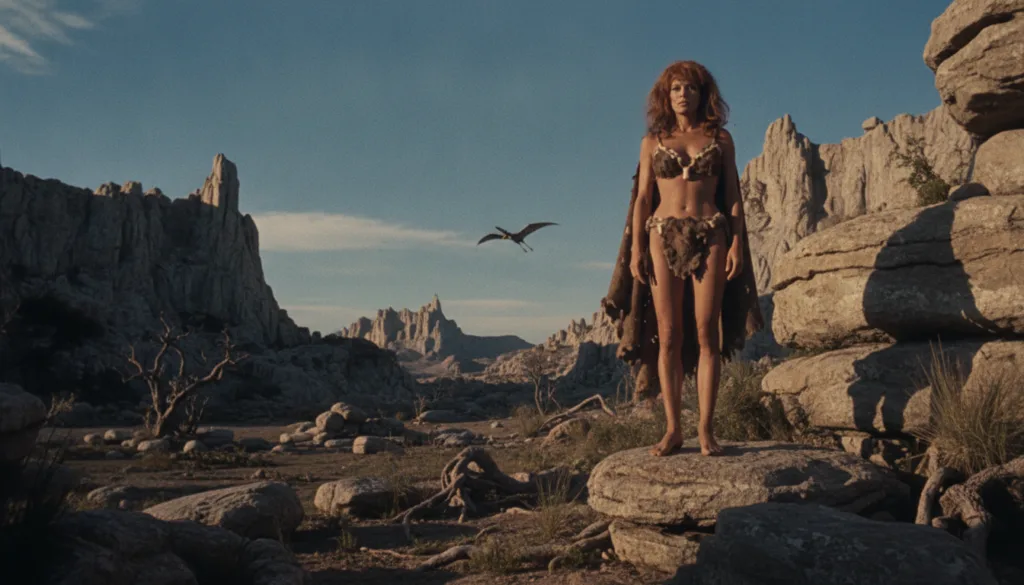 A full-body promotional still of Raquel Welch in her iconic fur bikini from One Million Years B C posing in a prehistori