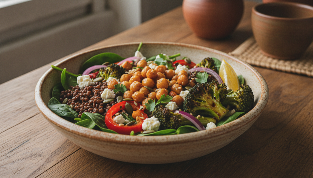 A colorful healthy meal featuring a variety of high-protein vegetables like lentils chickpeas spinach and broccoli artfu