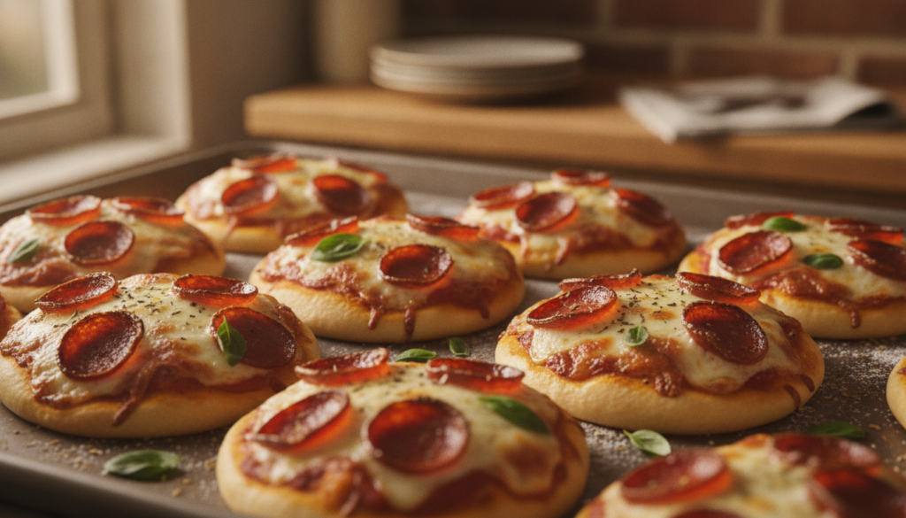A close-up of several pepperoni mini pizzas on a baking sheet with melted cheese and slightly crispy pepperoni edges The