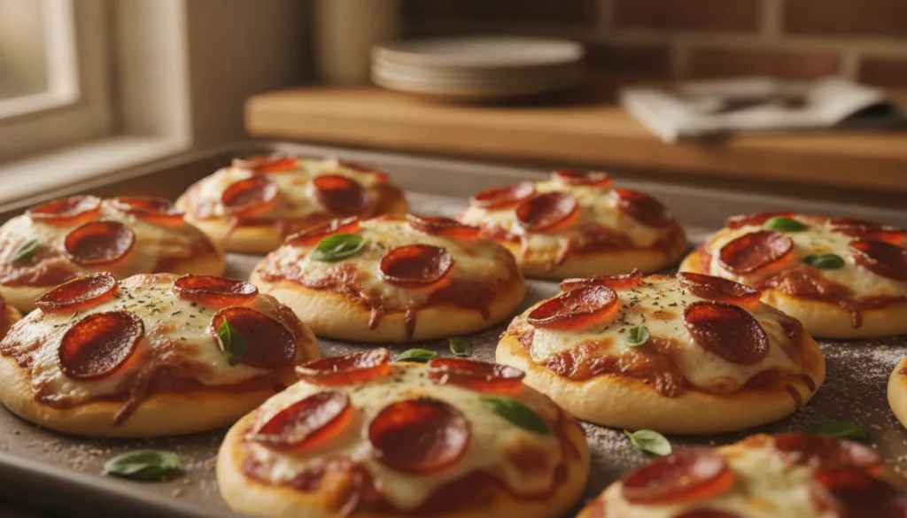 A close-up of several pepperoni mini pizzas on a baking sheet with melted cheese and slightly crispy pepperoni edges The