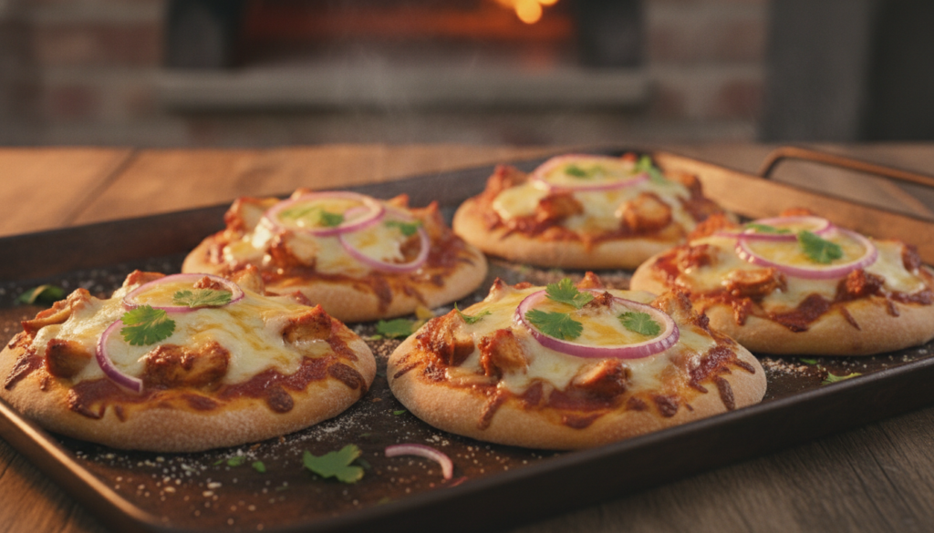 Vibrant BBQ chicken mini pizzas with shredded chicken red onions cilantro and melted cheese fresh out of the oven on a d