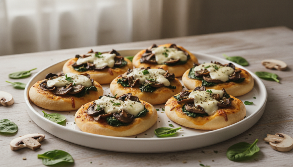 Elegant mini pizzas topped with sautéed mushrooms fresh spinach and creamy mozzarella garnished with a light sprinkle of