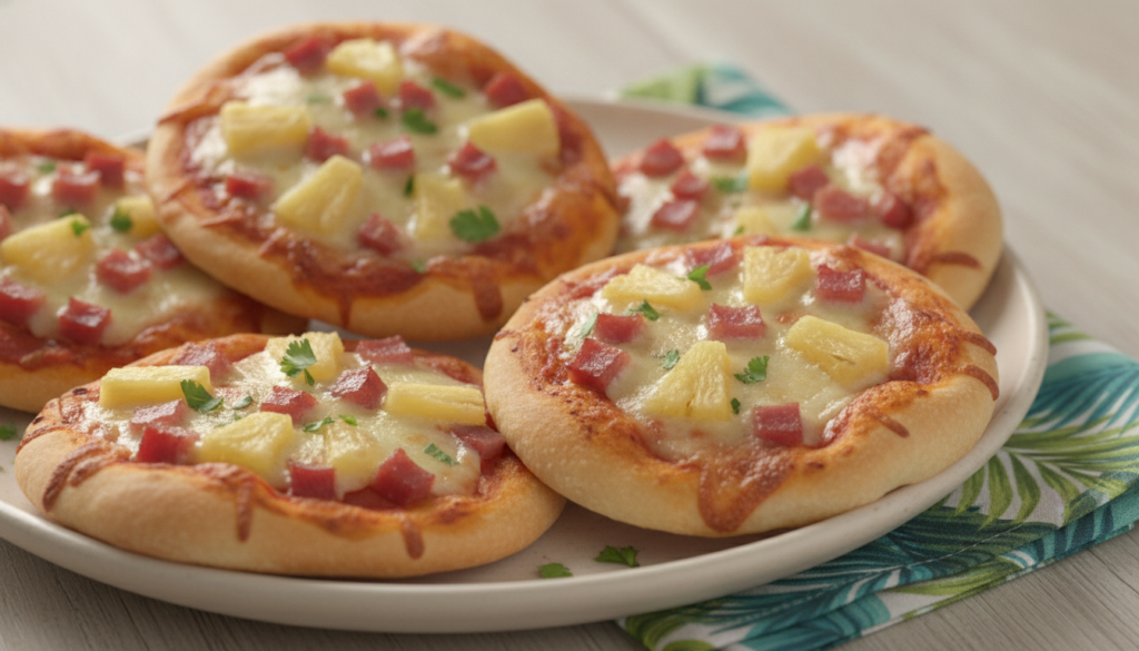 Bright and colorful Hawaiian mini pizzas with diced ham and pineapple chunks alongside melted mozzarella cheese on a lig