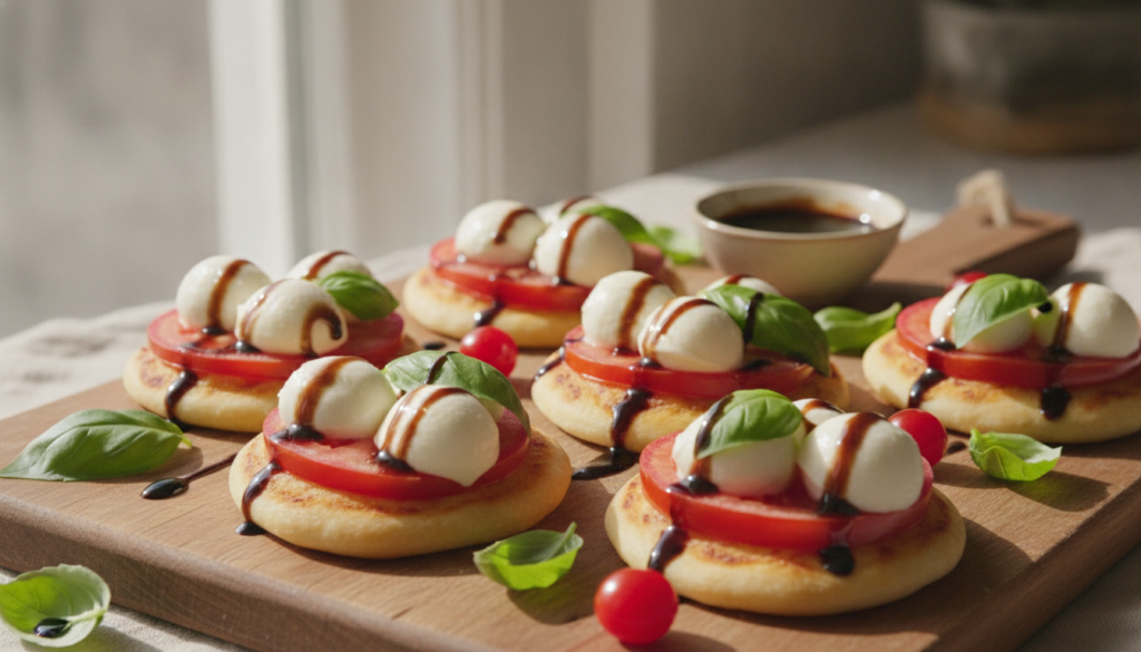 Fresh Caprese mini pizzas with vibrant red tomato slices fresh mozzarella pearls and green basil leaves drizzled with ba