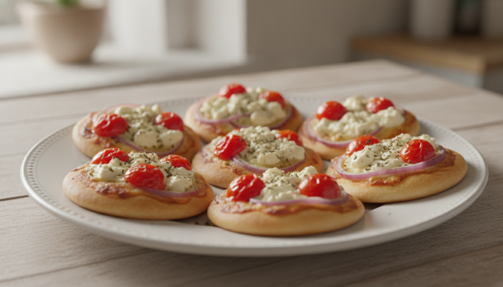 Savory Mediterranean mini pizzas with crumbled feta cheese cherry tomato halves red onion slivers and a sprinkle of oreg