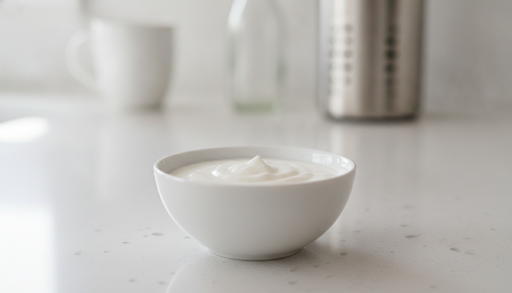 A smooth creamy white paste made from corn starch and baby oil is in a small elegant ceramic bowl on a light-colored cou