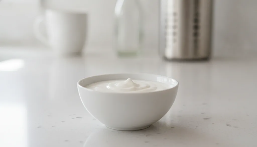 A smooth creamy white paste made from corn starch and baby oil is in a small elegant ceramic bowl on a light-colored cou