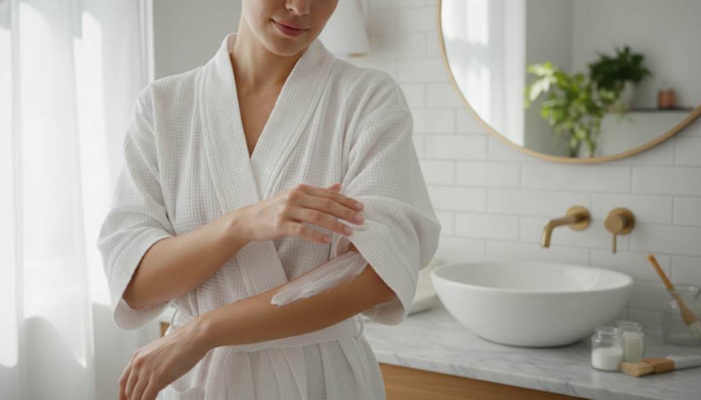 A woman is gently applying a white paste to her arm with her fingertips showing the texture and even coverage of the cor