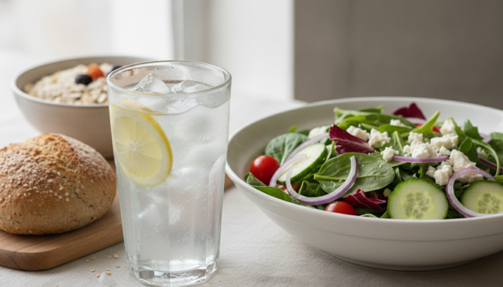 A glass of fresh water with lemon slices next to a bowl of colorful mixed greens salad In the background there s a whole