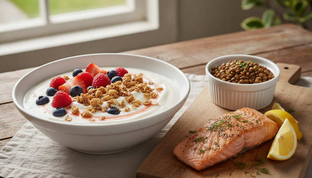 A bowl of creamy Greek yogurt topped with fresh mixed berries and a sprinkle of granola Next to it a small dish of cooke