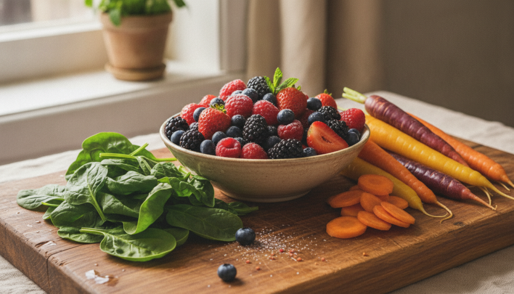 A vibrant bowl of mixed berries a handful of fresh spinach leaves and a pile of crunchy carrots on a rustic wooden board