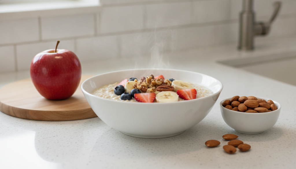 A bowl of oatmeal with fresh fruit and nuts a whole crisp red apple and a small bowl of raw almonds All items are arrang