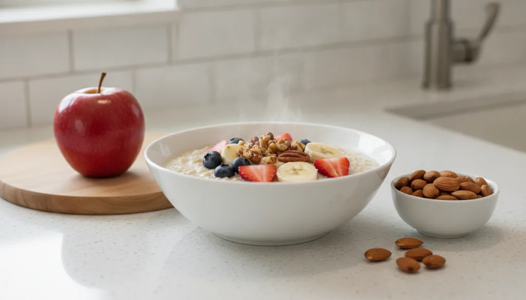 A bowl of oatmeal with fresh fruit and nuts a whole crisp red apple and a small bowl of raw almonds All items are arrang