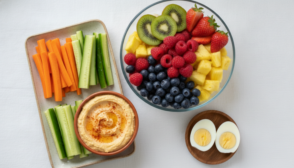An assortment of easy healthy snacks a bowl of colorful fresh fruit a plate with carrot and cucumber sticks next to a sm