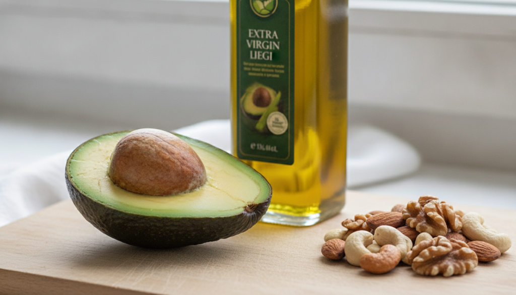 A halved avocado with its pit a bottle of extra virgin olive oil and a small pile of mixed nuts on a light-colored surfa
