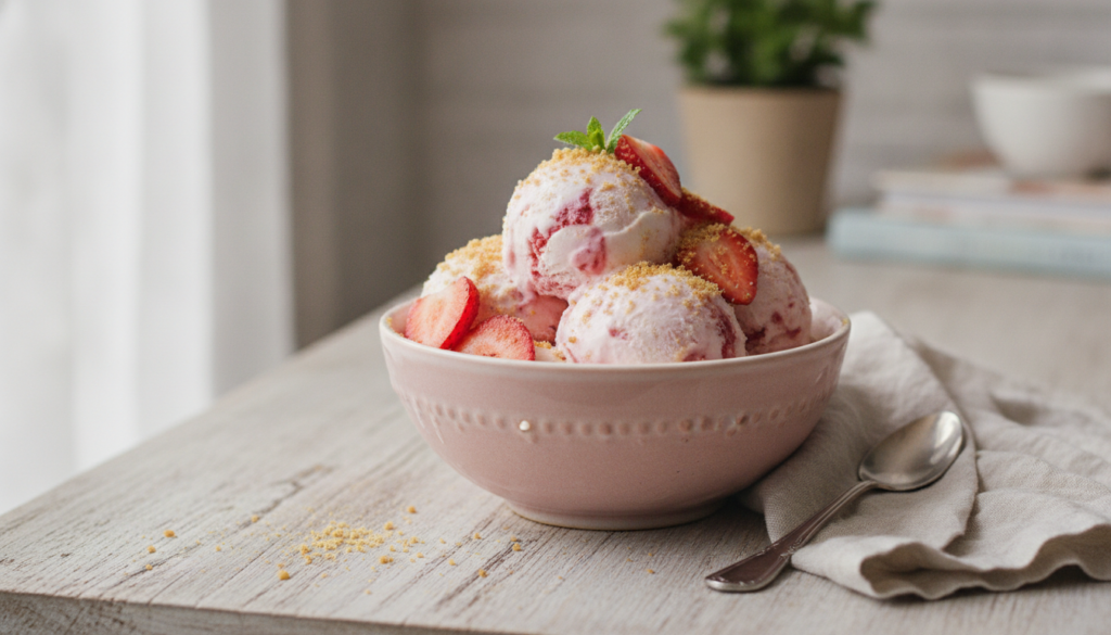 A bowl of creamy pink Strawberry Cheesecake No-Churn Ice Cream garnished with fresh strawberry slices and graham cracker
