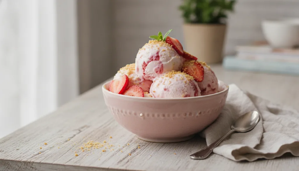 A bowl of creamy pink Strawberry Cheesecake No-Churn Ice Cream garnished with fresh strawberry slices and graham cracker