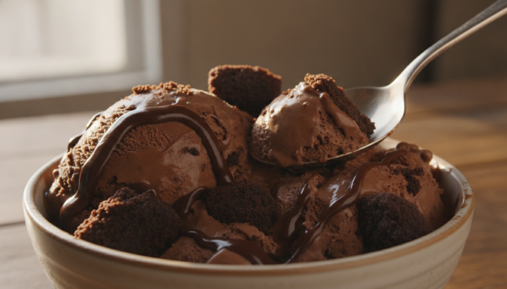 A bowl of dark brown Chocolate Fudge Brownie No-Churn Ice Cream with visible brownie chunks and streaks of fudge sauce A