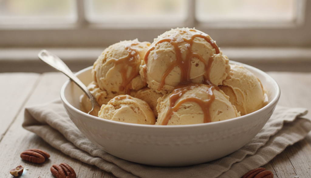 A bowl of creamy light brown Salted Caramel No-Churn Ice Cream with a rich caramel swirl on top and a sprinkle of sea sa