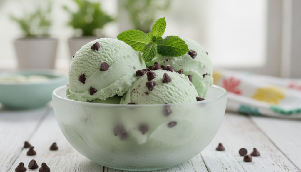 A bowl of light green Mint Chocolate Chip No-Churn Ice Cream with small dark chocolate chips visible throughout garnishe