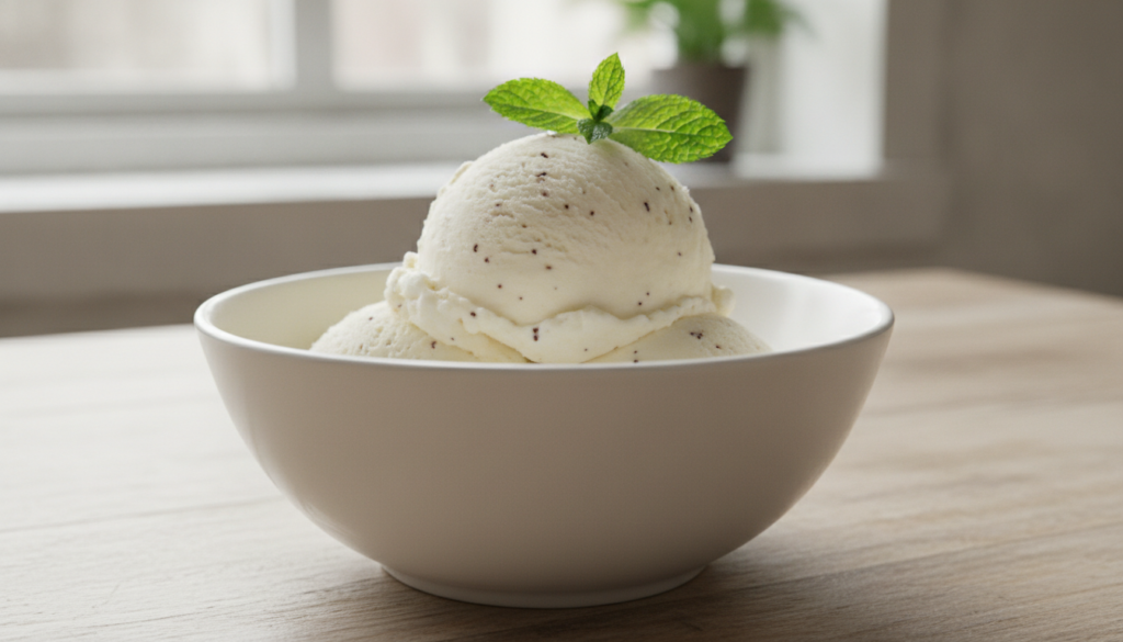 A bowl of smooth creamy white Classic Vanilla No-Churn Ice Cream possibly with visible vanilla bean specks garnished sim