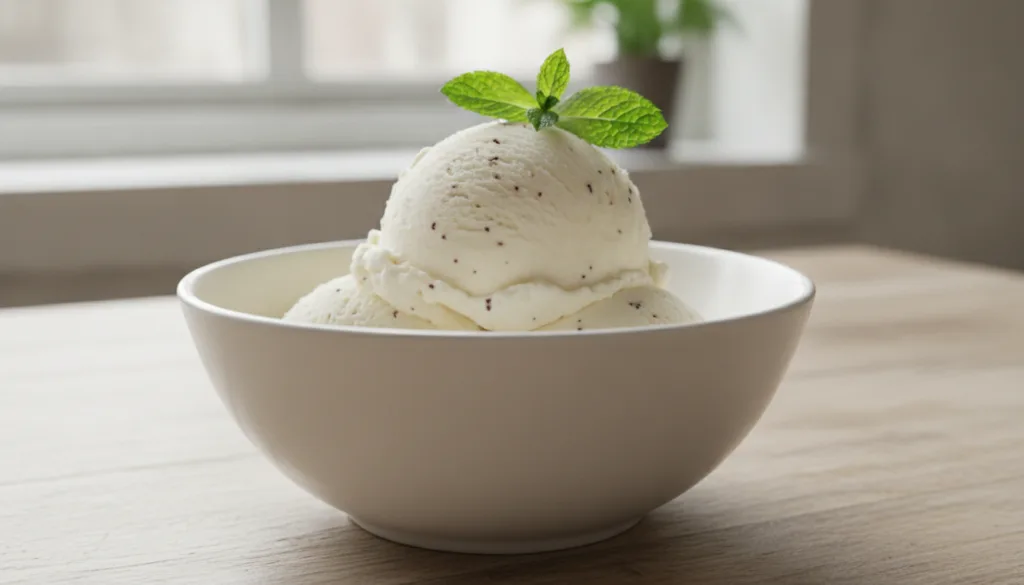 A bowl of smooth creamy white Classic Vanilla No-Churn Ice Cream possibly with visible vanilla bean specks garnished sim